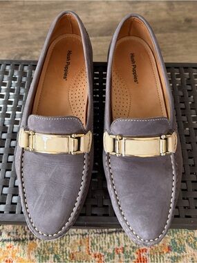 Women’s Hush Puppies Blue/Gray Leather Loafers with Gold Bit Hardware size 9